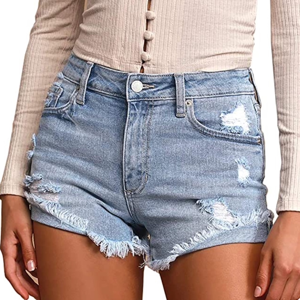 Womens Mid Waisted Denim Shorts Distressed Jean
